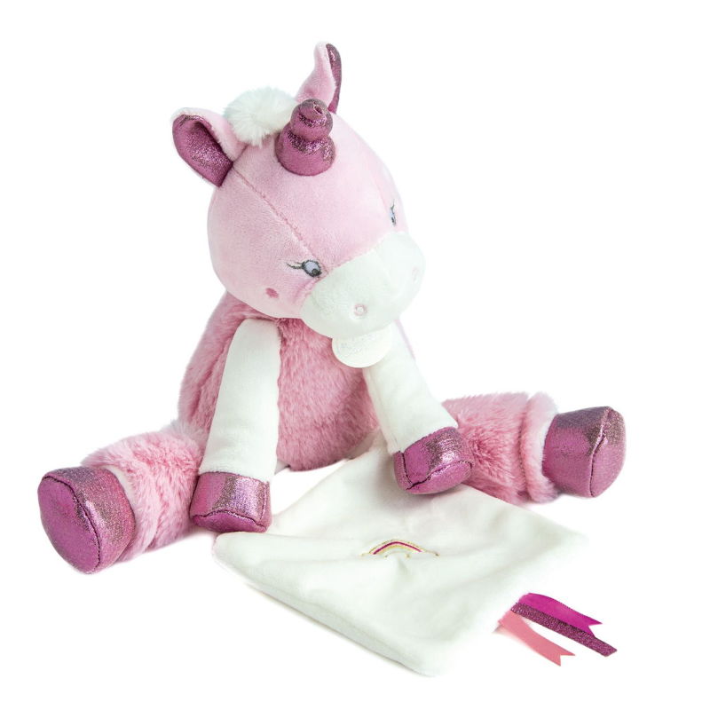  - poussière détoiles - peluche mouchoir licorne rose fuchsia blanc 35 cm 